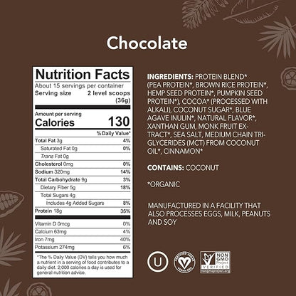 ALOHA Organic Plant Based Protein Powder, Stevia Free, Chocolate, 19.6 oz, 15 Servings