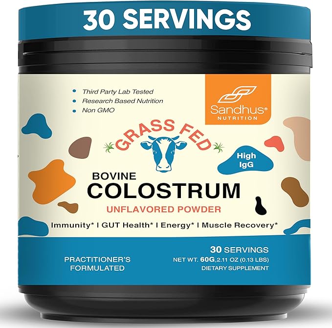 Sandhu's Bovine Colostrum Powder for Humans, Adults | 30 Servings Grass Fed Cows Supplement | High IgG for Best Gut Health | Immunity & Muscle Recovery Support | Unflavored Moo Superfood