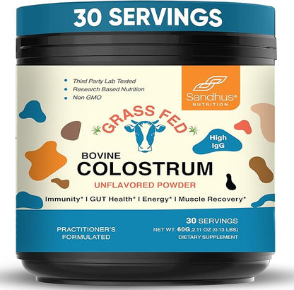 Sandhu's Bovine Colostrum Powder for Humans, Adults | 30 Servings Grass Fed Cows Supplement | High IgG for Best Gut Health | Immunity & Muscle Recovery Support | Unflavored Moo Superfood