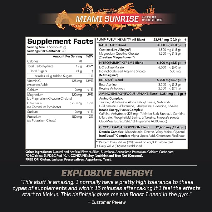 PMD Sports Ultra Pump Fuel Insanity - Pre Workout Drink Mix for Energy, Strength, Endurance, Recovery - Complex Carbohydrates and Amino Energy - Miami Sunrise (30 Servings)