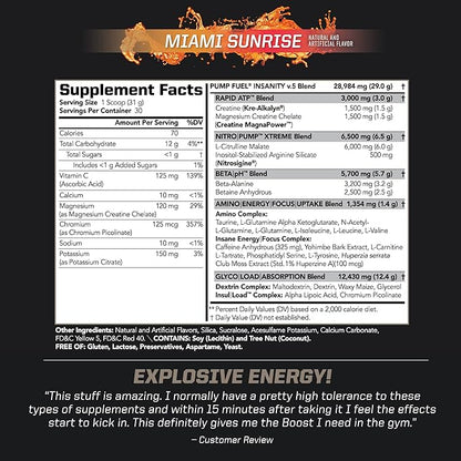 PMD Sports Ultra Pump Fuel Insanity - Pre Workout Drink Mix for Energy, Strength, Endurance, Recovery - Complex Carbohydrates and Amino Energy - Miami Sunrise (30 Servings)