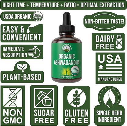 Ashwagandha Liquid Drops. USDA Organic Vegan Supplement. Extra Strength Ashwagandha Root Extract For Women, Men, Kids. With Adaptogens. Zero Sugar, Organic, Gluten Free Tincture Supplements.