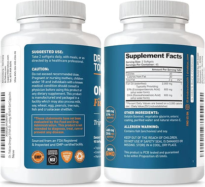 Dr. Tobias Omega 3 Fish Oil, 2000mg Triple Strength Omega 3 Supplement with 800mg EPA 600mg DHA Per Serving, Fish Oil Omega 3 Supplements for Heart, Brain & Immune Support, 90 Softgels, 45 Servings