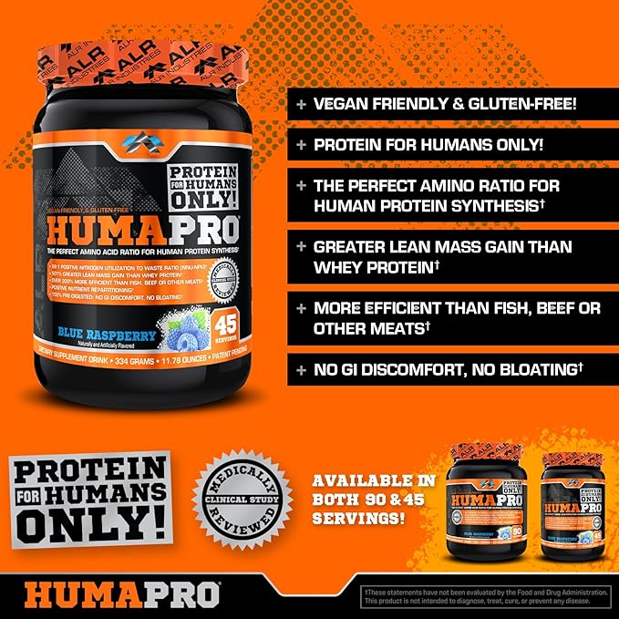Humapro | Amino Acids Protein Matrix for Humans | 99% Utilization for Lean Muscle | Vegan, Gluten Free | 334g / 45 Servings (Blue Raspberry)