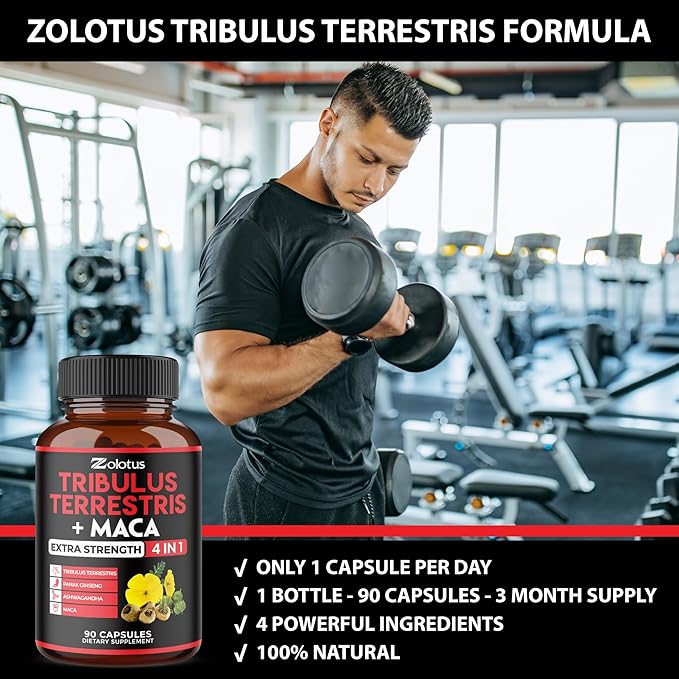 Zolotus Premium Tribulus Terrestris Capsules - 9600mg Per Serving - Combined with Ashwagandha, Panax Ginseng & Maca - Boost Energy, Mood, Stamina & Immune - 90 Counts for 3 Months