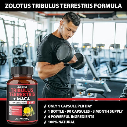 Zolotus Premium Tribulus Terrestris Capsules - 9600mg Per Serving - Combined with Ashwagandha, Panax Ginseng & Maca - Boost Energy, Mood, Stamina & Immune - 90 Counts for 3 Months