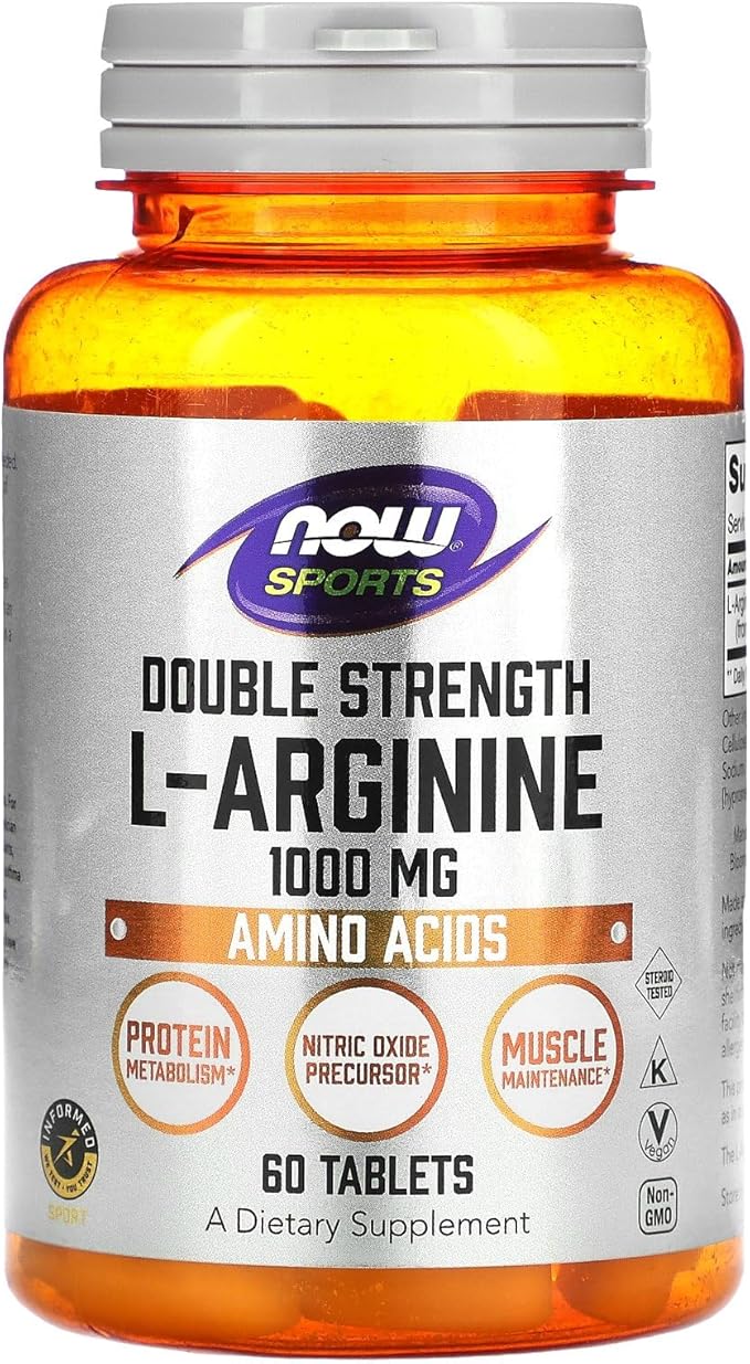NOW Foods Sports Nutrition, L-Arginine Double Strength 1000mg, Nitric Oxide Precursor, Amino Acids, 60 Tablets