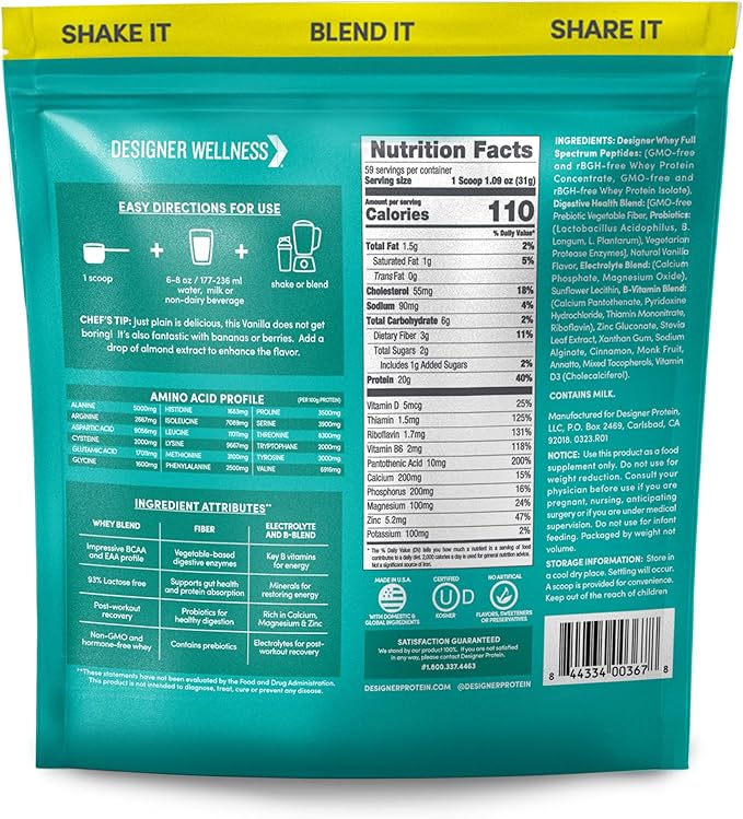 Designer Wellness, Designer Whey, Natural When Protein Powder with Probiotics, Fiber, and Key B-Vitamins for Energy, Gluten-Free, French Vanilla, 4 lb