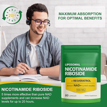 NAD Supplement, 900mg - Liposomal Nicotinamide Riboside NAD+ Supplement with Resveratrol Supports Muscle, Brain, Cellular Energy - NMN Supplement Alternative for Men and Women, 160 Capsules