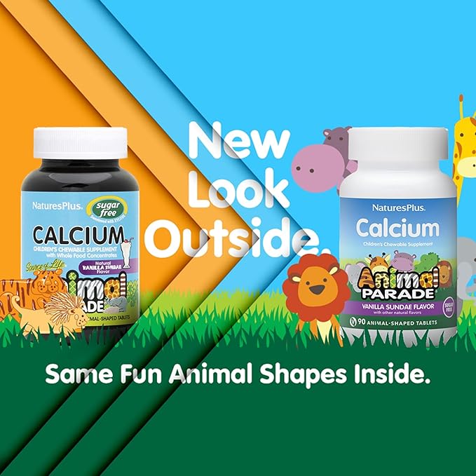 NaturesPlus Animal Parade Sugar-Free Children's Calcium, Vanilla Sundae Flavor - 90 Chewable Animal Shaped Tablets - Magnesium for Bone Health - Gluten Free - 45 Servings