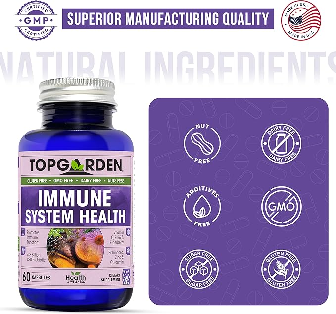 Immune System Health - Sambucus Elderberry, Vitamin C, Echinacea, Turmeric Curcumin, Garlic, Zinc & More for Adult's Wellness Support. Boost Your Body and Mind!
