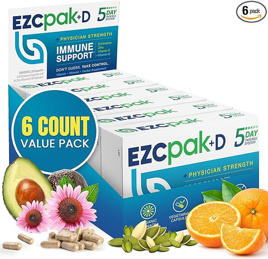 EZC Pak 5-Day Immune System Booster with Echinacea, Vitamin C, Zinc & Vitamin D - Tapered Immune Support Supplement for Adults - Supports Immunity, Easy Travel-Size Supplement Pack - (Pack of 6)