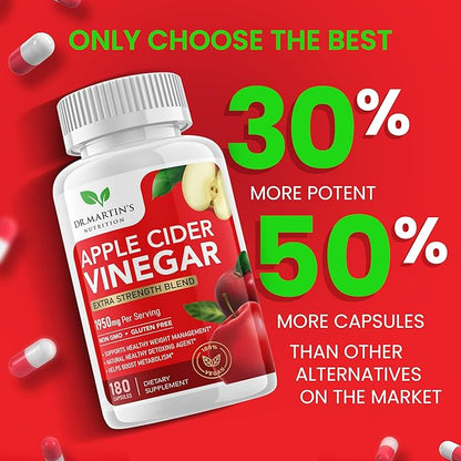 Pure 1950mg Apple Cider Vinegar Supplement | 180 Capsules | No Sour Taste | Pills for Healthy Metabolism, Bloating & Energy | Detox & Digestion Support| Non-GMO, Gluten Free | 100% Natural & Raw