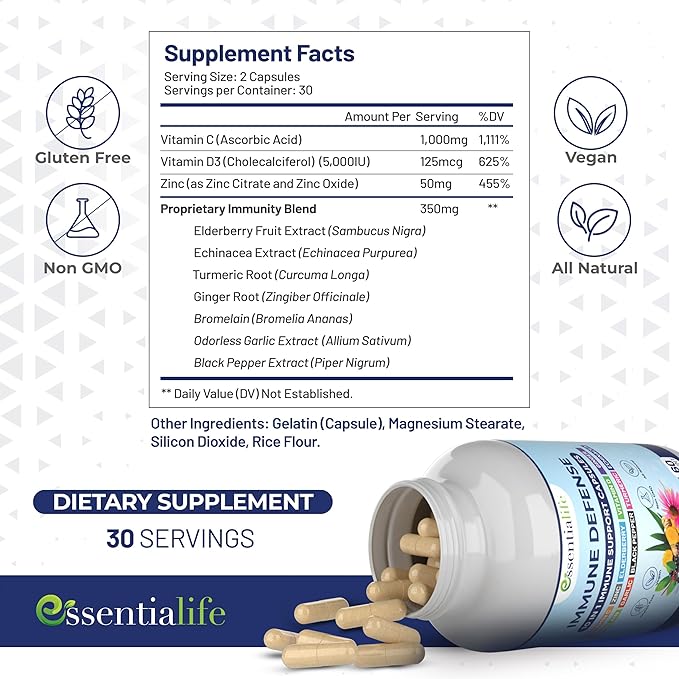 Immune Support Supplement 10 in 1 Elderberry, Echinacea, Vitamin D, Vitamin C 1000mg & Zinc Supplement - Take Charge of Your Health with Immune Booster for Adults - 60 Vitamins Capsules