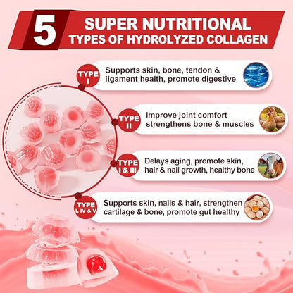 2Pack Sugar-Free Hydrolyzed Collagen Peptide Filled Gummies, with 1500mg Protein Type I,II,III,V,X with 5000mcg Biotin Vitamin C A E D3 B6 B12 for Immune Digestion Skin Hair Nails Energy Bone Joint