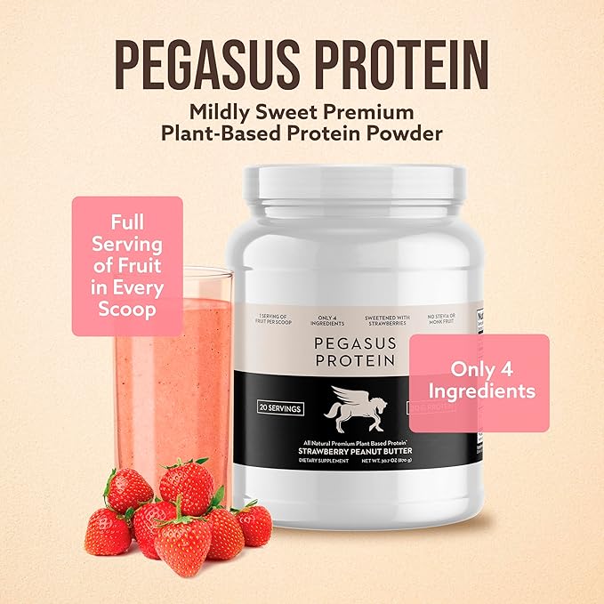 Only 4 Ingredients - No Stevia, No Monk Fruit, No Artificial Sweeteners - Strawberry Peanut Butter Protein Powder, All Natural, Sweetened with Berries (20g of Protein, 20 Servings)