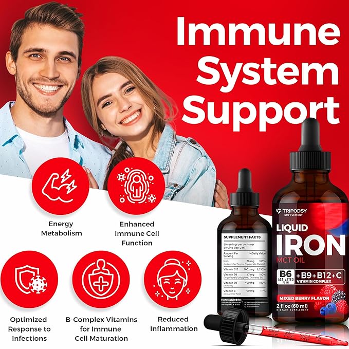 Iron Supplement for Women and Men - Iron Drops with B6, B9, B12, Vitamin C, Iron Vitamin for Anemia, Blood Builder, Folate for Red Blood Cell and Immune Support, MCT Oil (2 Fl Oz, Mixed Berry)