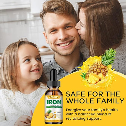 Liquid Iron Supplement for Women Men & Kids Multivitamin Iron Drops with Folate, Vitamin C, B6, B12, Zinc for Anemia, Iron Deficiency, Blood Builder, Energy - Natural Pineapple Flavor, Vegan 2 Fl Oz