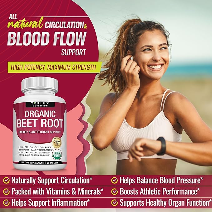 Organic Beet Root Powder Tablets - 2040mg Natural Nitric Oxide Beets to Support, Energy, Black Pepper Better Absorption, Non-GMO, for Men Women, 90 Tablets