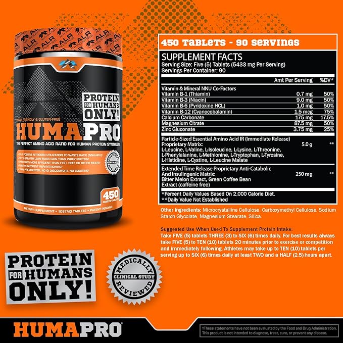Humapro Tablets | Amino Acids Protein Matrix for Humans | 99% Utilization for Lean Muscle | Vegan, Gluten Free | 450 Tablets / 90 Servings