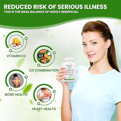 Balanced Vitamin K2 MK7 with D3 Supplement, 125mcg - Supports Strong Bones, Healthy Skin, Cardio. Fast Absorption, Easy Swallow, Non-GMO, Lab Tested Safe