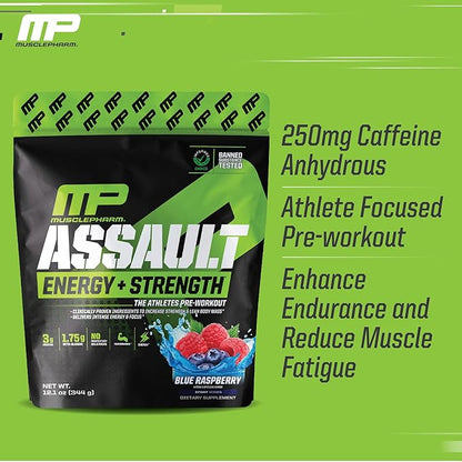 Muscle Pharm Assault Energy & Strength Pre Workout Powder for Men & Women with Beta Alanine, Caffeine, Creatine & Betaine Anhydrous, Pre-Workout Supplements, 30 Servings, Blue Raspberry Flavor