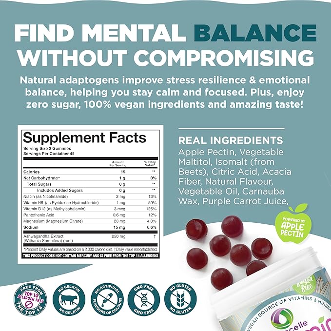 NUTRAMIN Mood Boost Multivitamin Gummy - Delicious & Yummy Anti-Stress Magnesium Ashwagandha Gummies + B Complex Vitamins for Focus and Calm - Sugar-Free, Vegan, Gluten-Free, Allergy-Safe (90 Count)