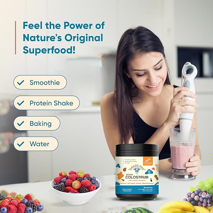 Sandhu's Bovine Colostrum Powder for Humans, Adults | 30 Servings Grass Fed Cows Supplement | High IgG for Best Gut Health | Immunity & Muscle Recovery Support | Unflavored Moo Superfood