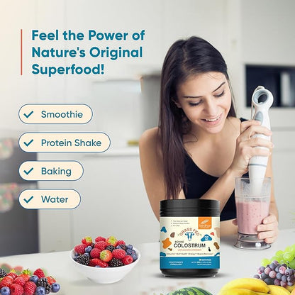 Sandhu's Bovine Colostrum Powder for Humans, Adults | 30 Servings Grass Fed Cows Supplement | High IgG for Best Gut Health | Immunity & Muscle Recovery Support | Unflavored Moo Superfood