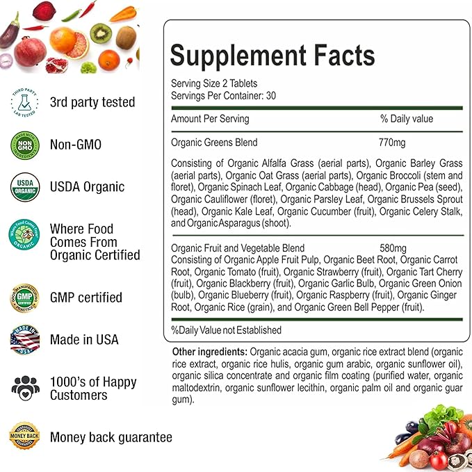 Organic Superfood Greens Fruits and Veggies Complex - Best Dietary Supplement with 14 Greens and 14 Fruits & Vegetables with Alfalfa Rich in Antioxidants Organic Ingredients Non-GMO 240 Tablets