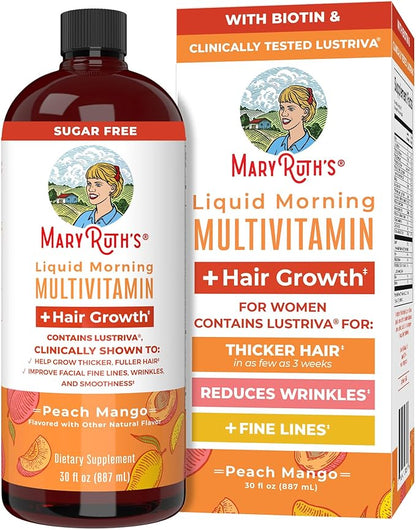 MaryRuth's Liquid Multivitamin + Lustriva® Hair Growth for Women| Biotin 10000mcg | Vitamin D | B Vitamins | Clinically Tested for Thicker Hair, Wrinkles, Fine Lines, Skin Care | Ages 18+ | 30 Fl Oz