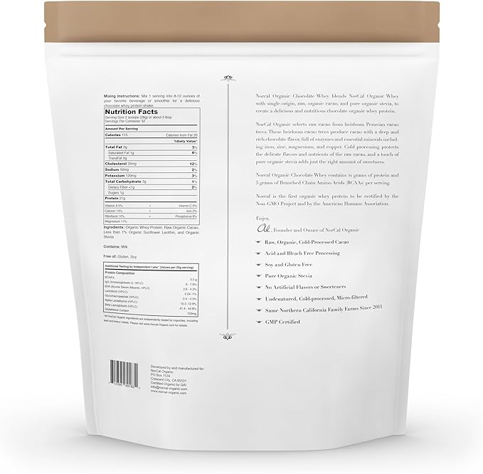 NorCal Organic Chocolate Whey Protein | 100% USA Grass-Fed, USDA Certified | Naturally Flavored with Raw Cacao from California Family Farms | 32 Ounce (Pack of 1) - 32 Servings