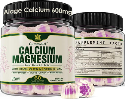 Plant Based Calcium Supplement 600mg with Vitamin D3 K2, Zinc for Bone Strength, Sustainably Sourced Algae Calcium Magnesium 2:1 Ratio, Sugar Free Calcium Gummies 70+ Trace Minerals, Vegan, 60 Counts
