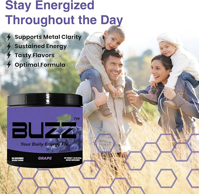 Morning Buzz Energy Powder Grape Drink - Energy Boost Drink Mix - Sugar-Free Energy with Antioxidants - Morning Kickstart and Sports Nutrition Endurance Product
