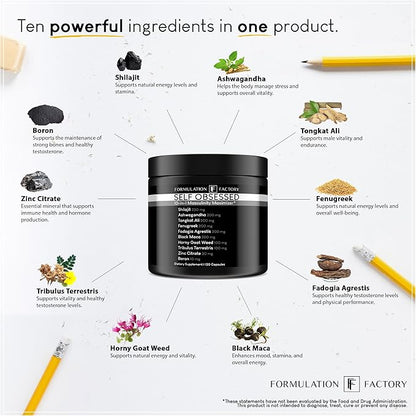 Self Obsessed 10 in 1 Masculinity Maximizer Supplement, Shilajit for Men, Tongkat Ali, Ashwaganda, Fenugreek & More, Muscle Growth, Energy Management, Drive, Strength, Recovery (2 Months)