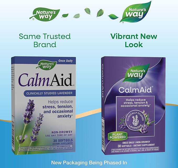 Nature's Way CalmAid, with Silexan Lavender Oil, Helps Reduce Tension and Stress*, Non-Drowsy, 30 Softgels (Packaging May Vary)
