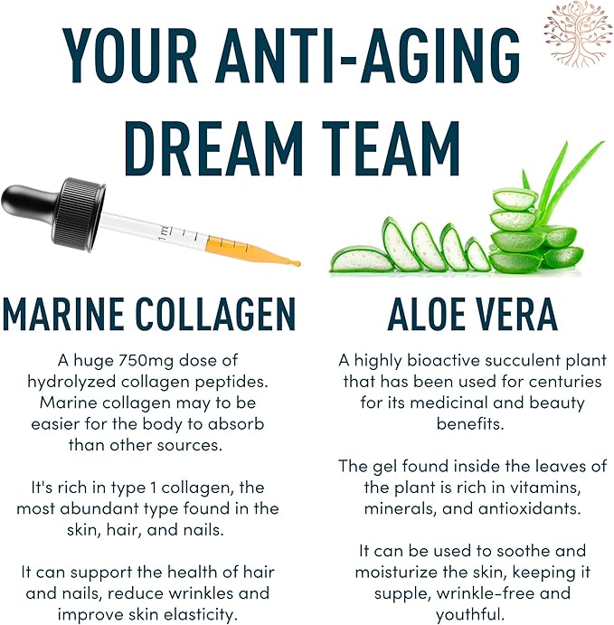 Colageno Hidrolizado para Mujer - Colágeno Líquido para Mujeres con Suplemento de Aloe Vera - 750MG Péptidos de Colágeno Marino 125mg Aloe Vera - Colágeno de Pescado Líquido - 60ml Gotas de Colágeno