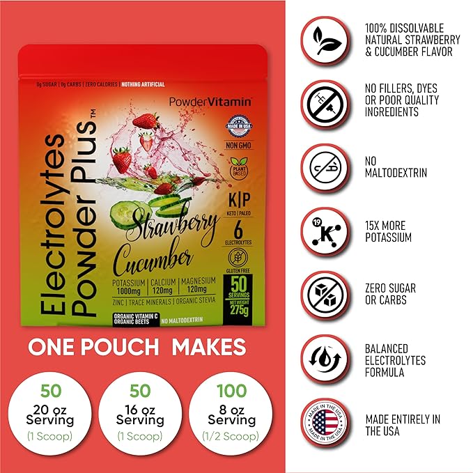 Electrolytes Powder Plus (50 Servings), 0 Calorie Keto, 0 Sugar, No Maltodextrin,1000mg Potassium,120mg Calcium,120mg Magnesium, Hydration Powder (50 Servings, Strawberry Cucumber)