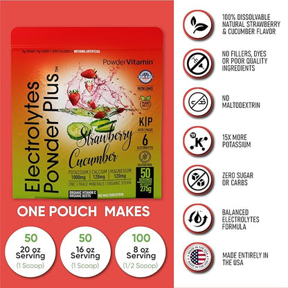 Electrolytes Powder Plus (50 Servings), 0 Calorie Keto, 0 Sugar, No Maltodextrin,1000mg Potassium,120mg Calcium,120mg Magnesium, Hydration Powder (50 Servings, Strawberry Cucumber)