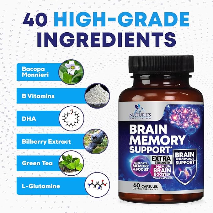 Nootropic Brain Supplements for Memory and Focus - 40 Nootropics & Vitamins to Support Clarity & Concentration, Brain Health Memory Pills with Phosphatidylserine Bacopa Huperzine & DMAE - 60 Capsules