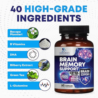 Nootropic Brain Supplements for Memory and Focus - 40 Nootropics & Vitamins to Support Clarity & Concentration, Brain Health Memory Pills with Phosphatidylserine Bacopa Huperzine & DMAE - 60 Capsules