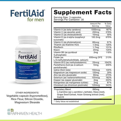Fairhaven Health 3 Month Supply FertilAid for Men Prenatal Male Fertility Supplement | Count and Motility Support Pre Conception for Him | Fertility Support Includes, Zinc, and Folate | 90 Capsules