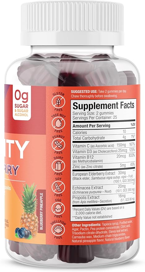 Ultimate Immunity - Elderberry Echinacea and Propolis Gummies for Immune Support, Easy to Chew - Non GMO, Gluten Sugar Free - Pomegranate Lime Flavored Gummy Vitamins, 50 Count