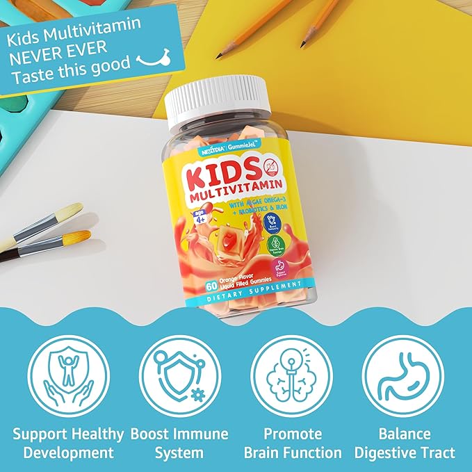 Kids Multivitamin Gummies with Iron, Vegan Omega 3 (EPA/DHA), Probiotics, Kids Vitamin A, C, D, E & Zinc for Immune Support, Multivitamin for Kids 4+, Sugar Free, Gluten Free, Fruit Flavor, 60 Counts