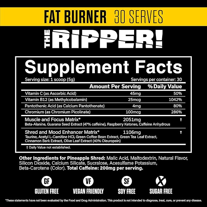 JNX SPORTS The Ripper! Shredding Thermogenic Fat Burner - Pineapple Shred 30 Servings | Advanced Fast Acting Thermogenic Pre-Workout, Appetite Suppressant for Men & Women