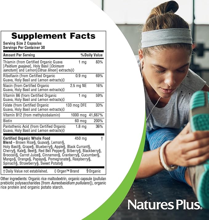 Natures Plus Source of Life Garden Certified Organic Vitamin B12-1000 mcg methylcobalamin, 60 Vegan Capsules - Whole Food Vitamin B12 Supplement - Energy Boost - Vegetarian, Gluten-Free - 30 Servings