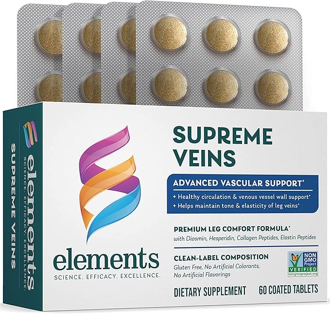 Elements Supreme Veins, 60 Tablets (30 Day Supply), Advanced Vascular Support Supplement, Supports Healthy Circulation and Elasticity in Leg Veins, Gluten Free