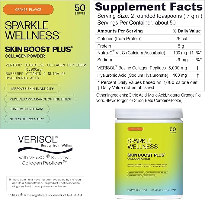 Sparkle Wellness Skin Boost Plus (Orange) [50-Serves] | Collagen Powder Supplement with VERISOL Bioactive Hydrolyzed Collagen Peptides, Vitamin C & Hyaluronic Acid to Improve Skin Elasticity