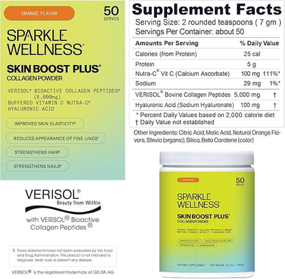 Sparkle Wellness Skin Boost Plus (Orange) [50-Serves] | Collagen Powder Supplement with VERISOL Bioactive Hydrolyzed Collagen Peptides, Vitamin C & Hyaluronic Acid to Improve Skin Elasticity