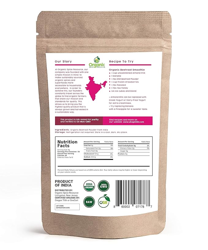 Organic Beet Root Powder | 8 oz or 226g | USDA Organic Approved, Raw and Non GMO | Nitric Oxide Booster, Increases Stamina and Circulation | Vegan | 100% Raw from India, by SHOPOSR(8oz)